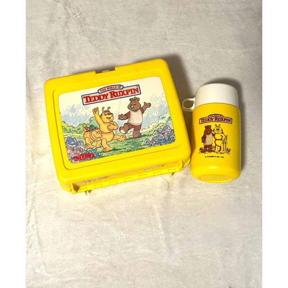 Vintage 1980s Teddy Ruxpin Thermos Plastic Lunch Box with Matching Bottle Yellow